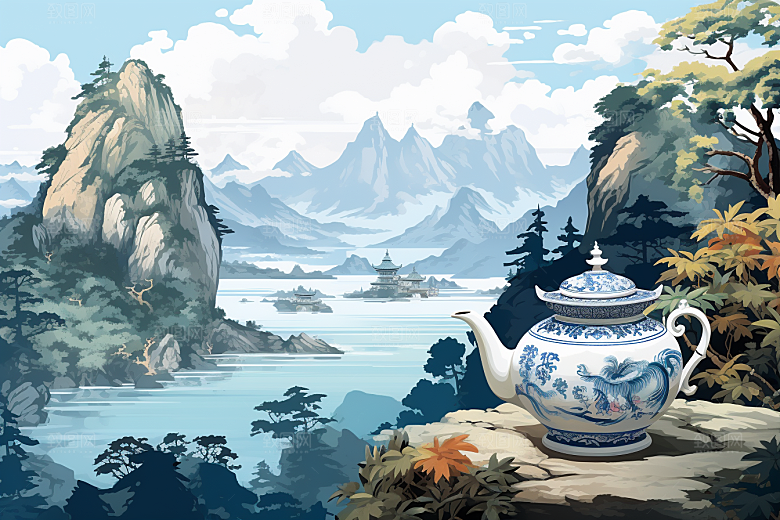 茶壶山水水墨手绘插画