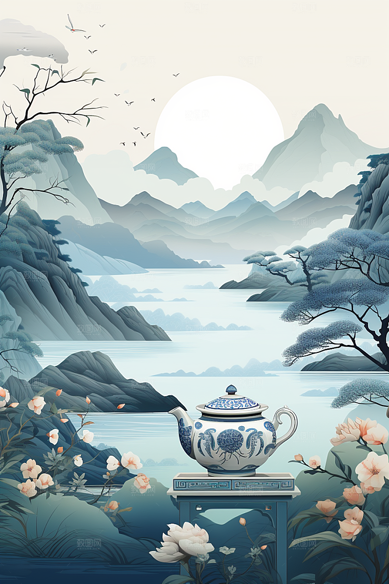 茶壶山水风景写实艺术插画