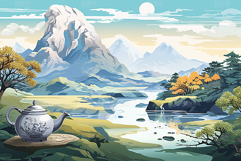 茶壶山水水墨风景插画
