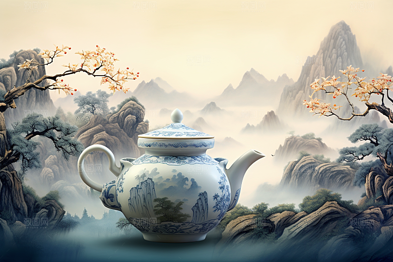 茶壶山水中国风手绘插画