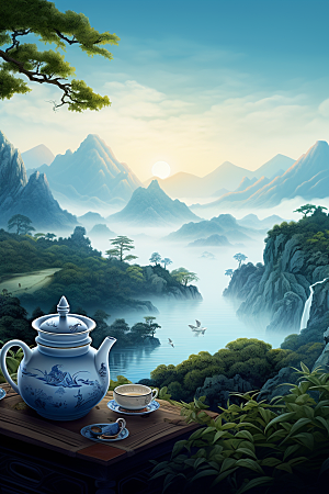 茶壶山水风景中国风插画