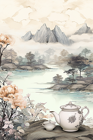 茶壶山水中国风国画插画