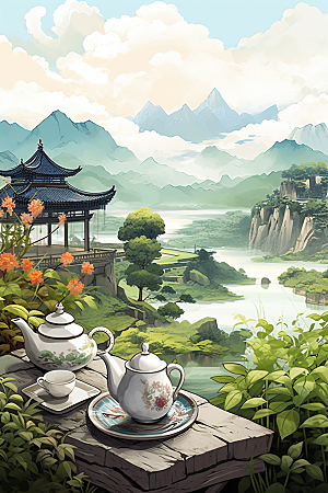 茶壶山水国画风景插画