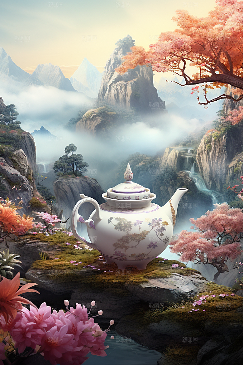 茶壶山水风景中国风插画