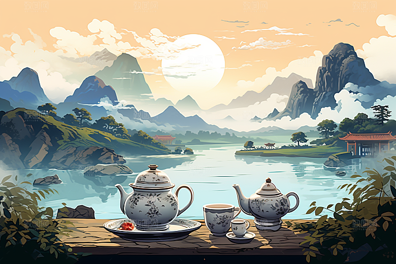茶壶山水手绘风景插画