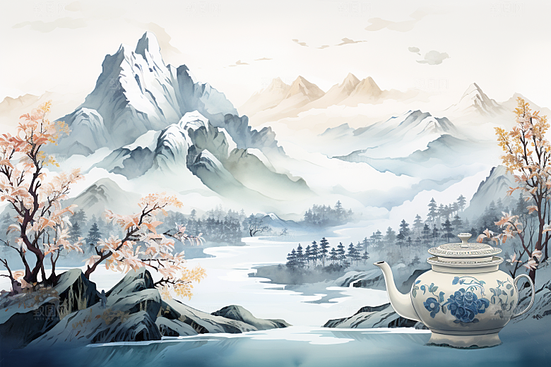 茶壶山水国画水墨插画