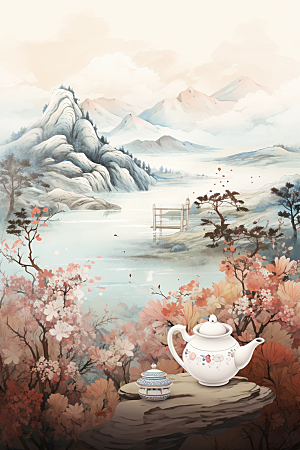 茶壶山水水墨中国风插画