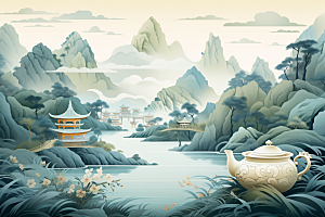 茶壶山水中国风风景插画