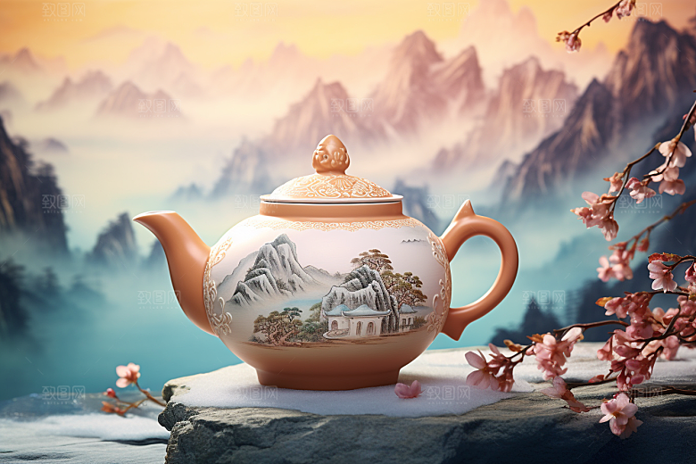茶壶山水风景中国风插画