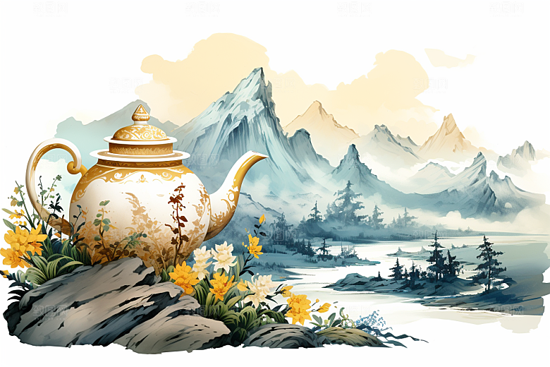茶壶山水中国风风景插画