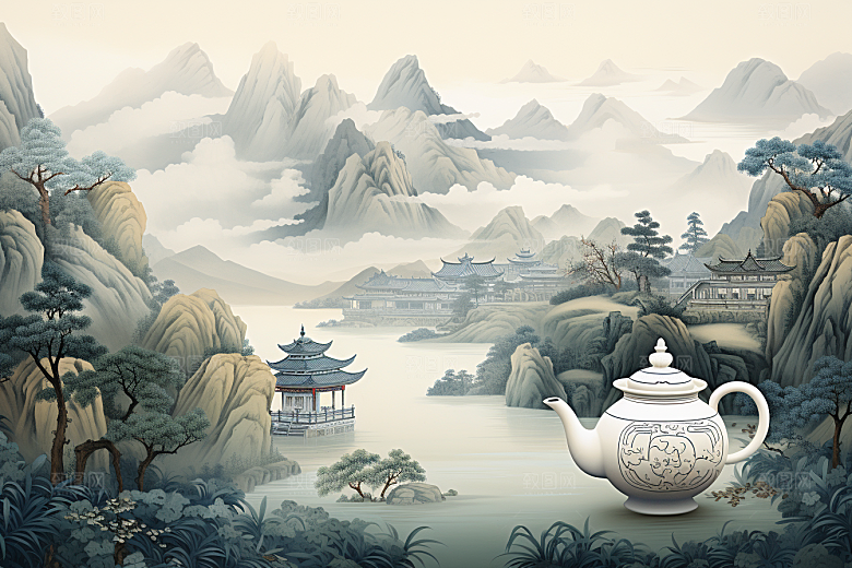 茶壶山水手绘风景插画