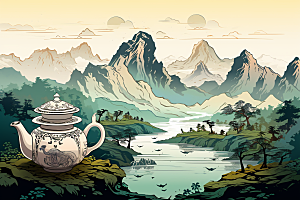 茶壶山水写实艺术国画插画