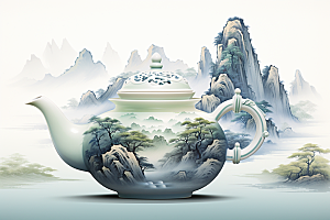 茶壶山水国画风景插画