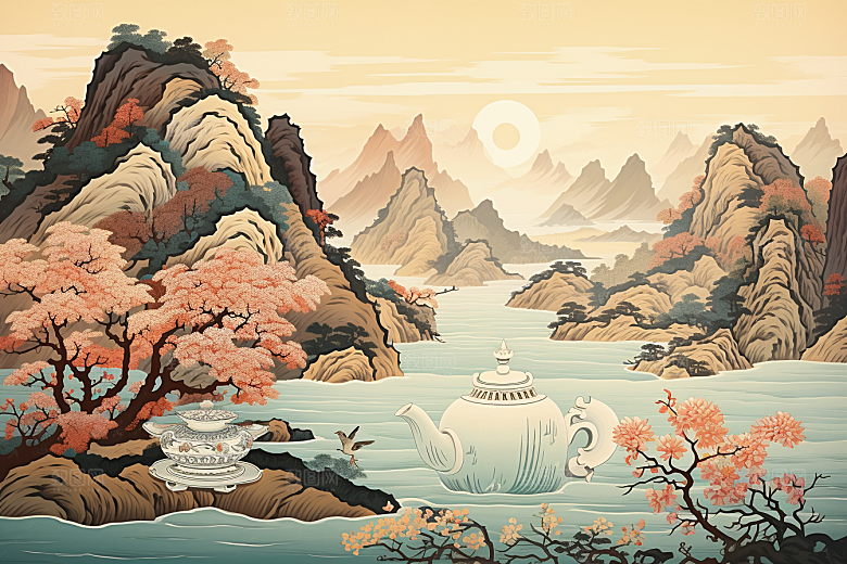 茶壶山水手绘水墨插画