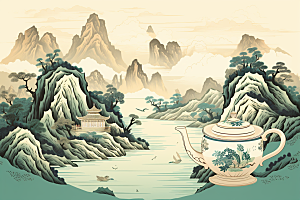 茶壶山水写实艺术手绘插画