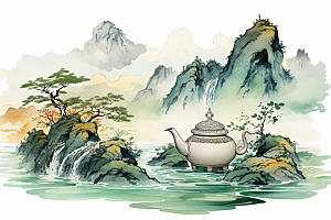茶壶山水风景水墨插画