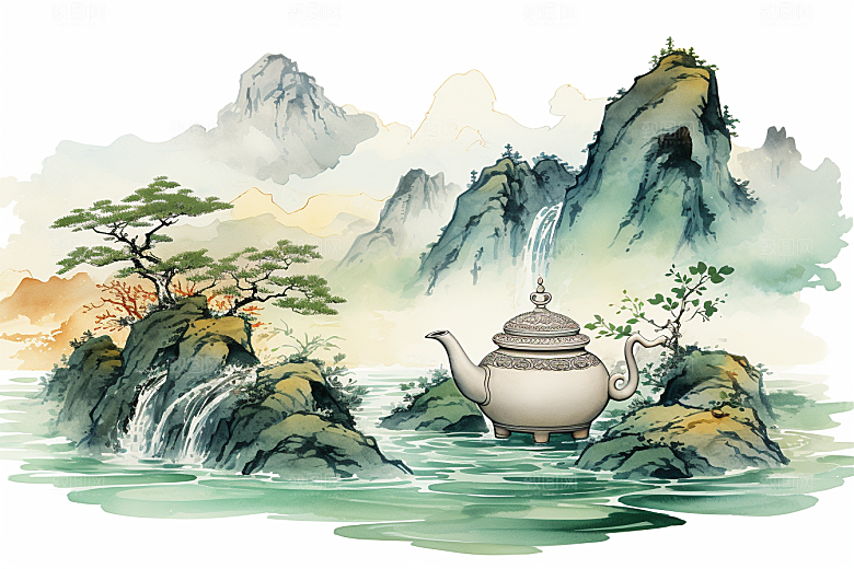 茶壶山水风景水墨插画