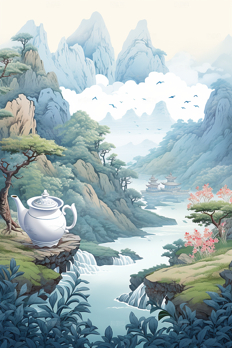 茶壶山水手绘中国风插画