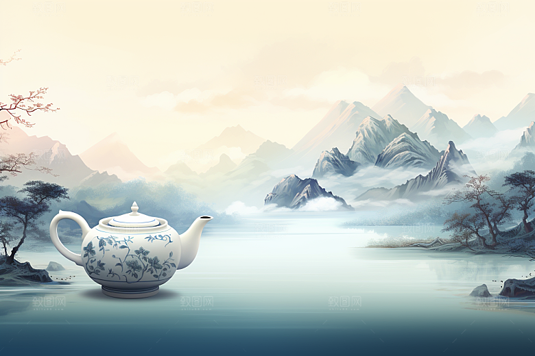 茶壶山水水墨写实艺术插画