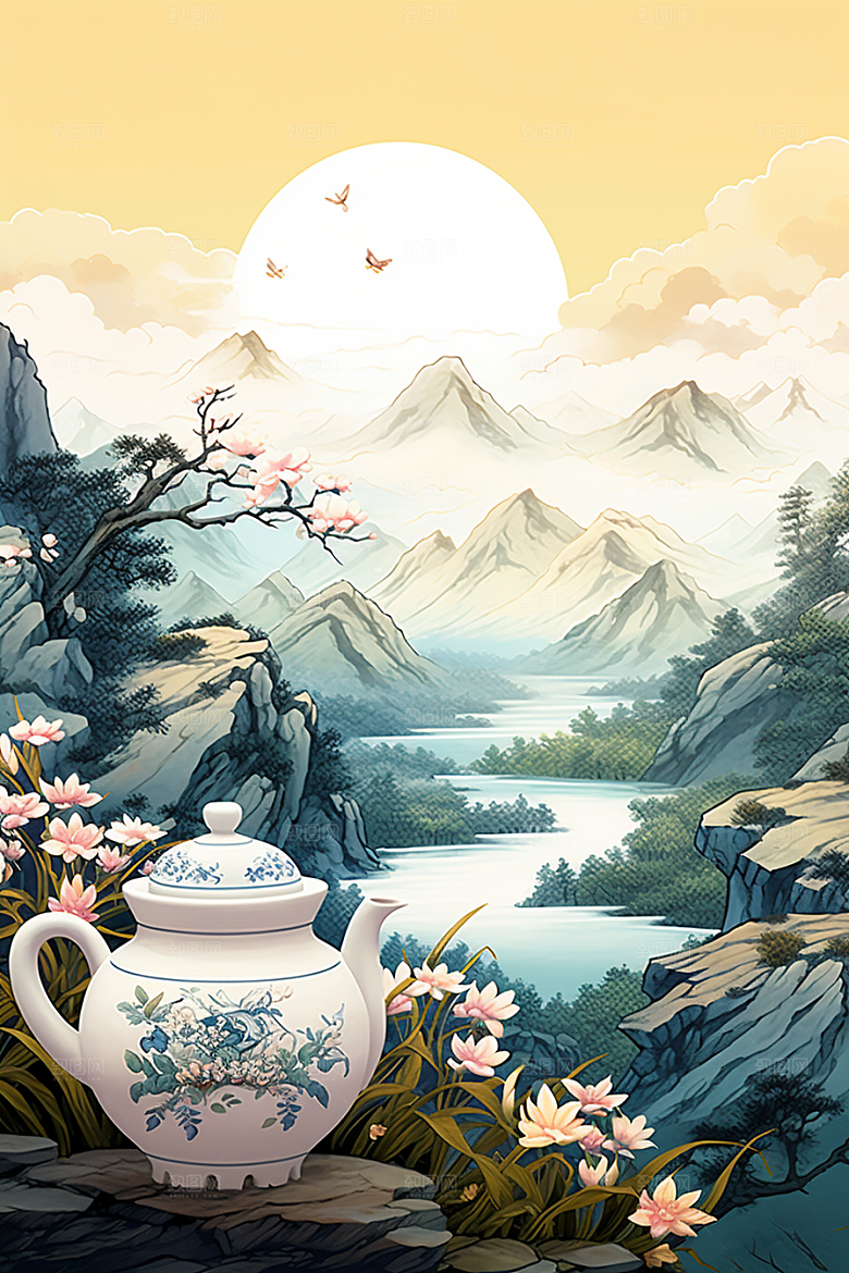 茶壶山水手绘水墨插画