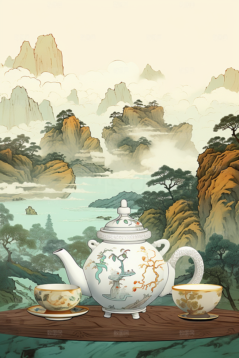 茶壶山水水墨中国风插画