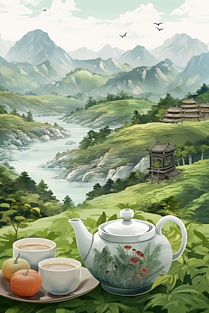 茶壶山水国画风景插画