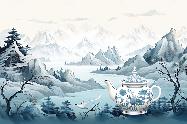 茶壶山水风景中国风插画