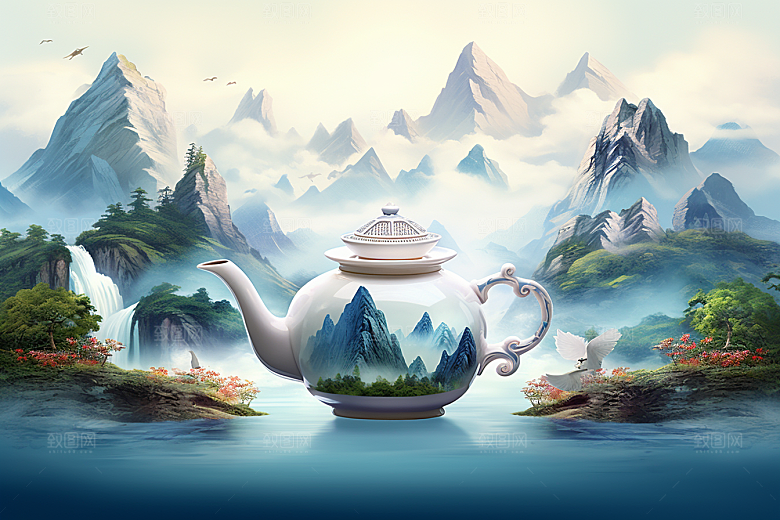 茶壶山水水墨国画插画