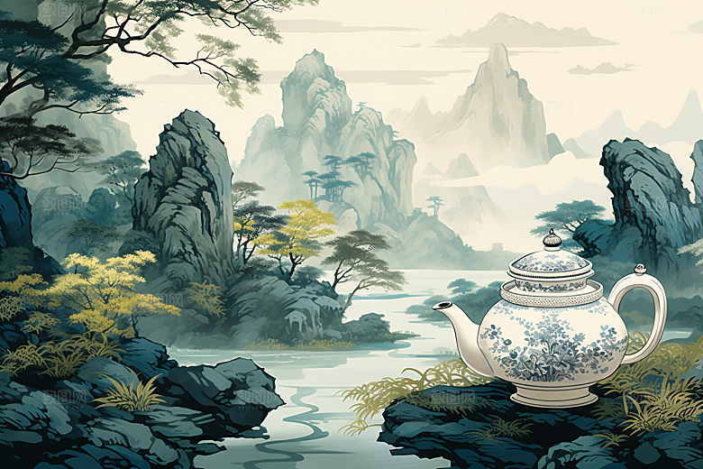 茶壶山水水墨写实艺术插画