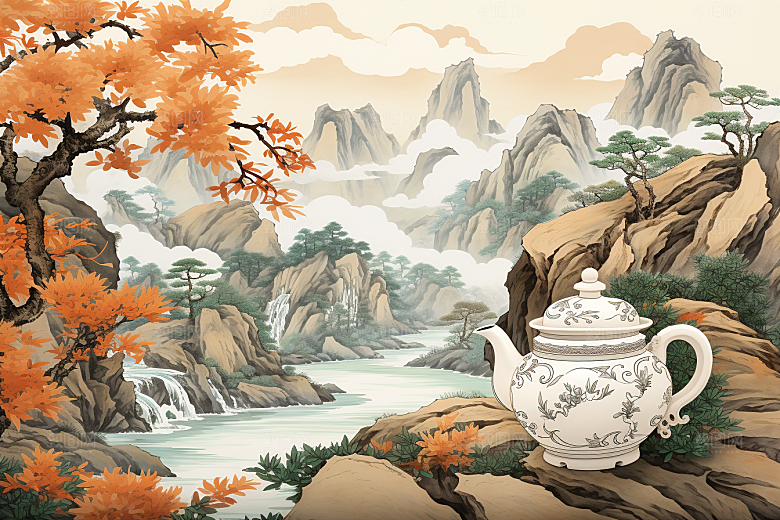 茶壶山水水墨手绘插画