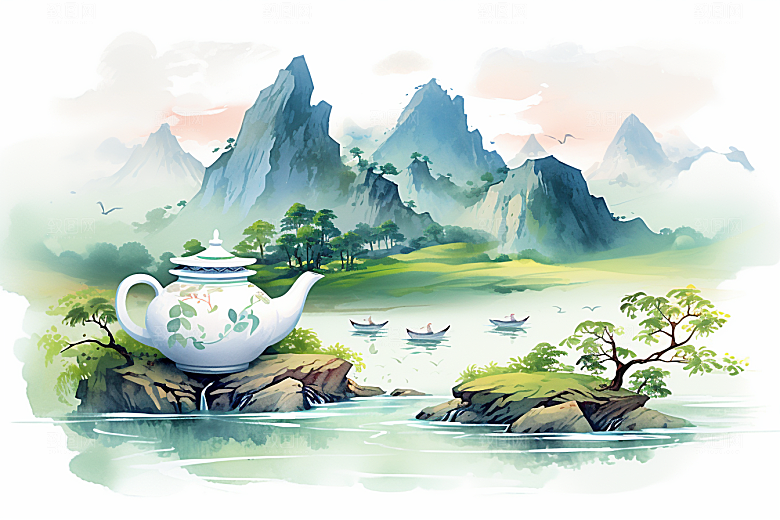 茶壶山水国画水墨插画