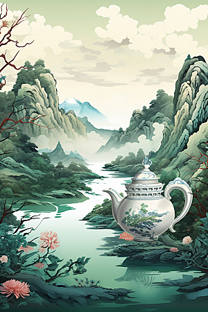 茶壶山水写实艺术中国风插画