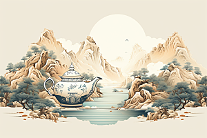 茶壶山水水墨国画插画