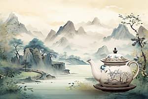 茶壶山水风景国画插画
