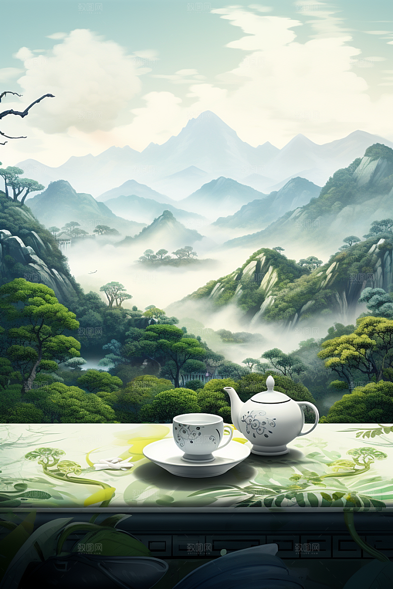 茶壶山水中国风手绘插画