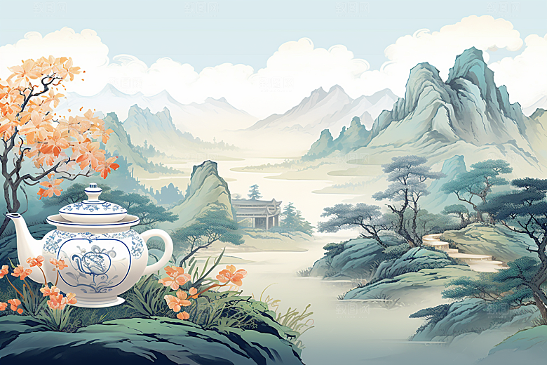 茶壶山水国画风景插画