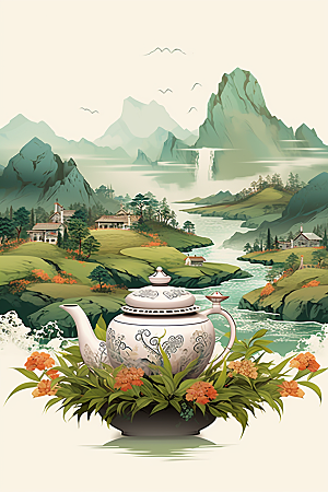茶壶山水写实艺术国画插画