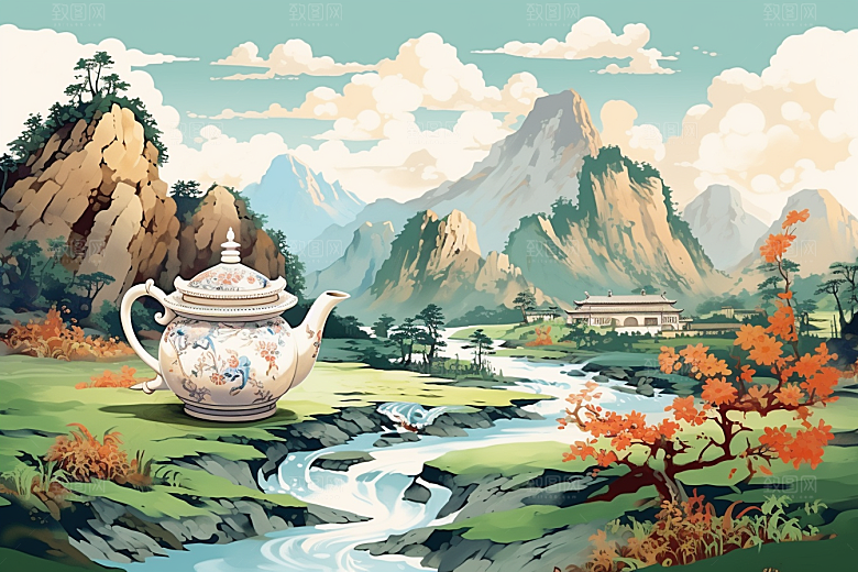 茶壶山水中国风风景插画