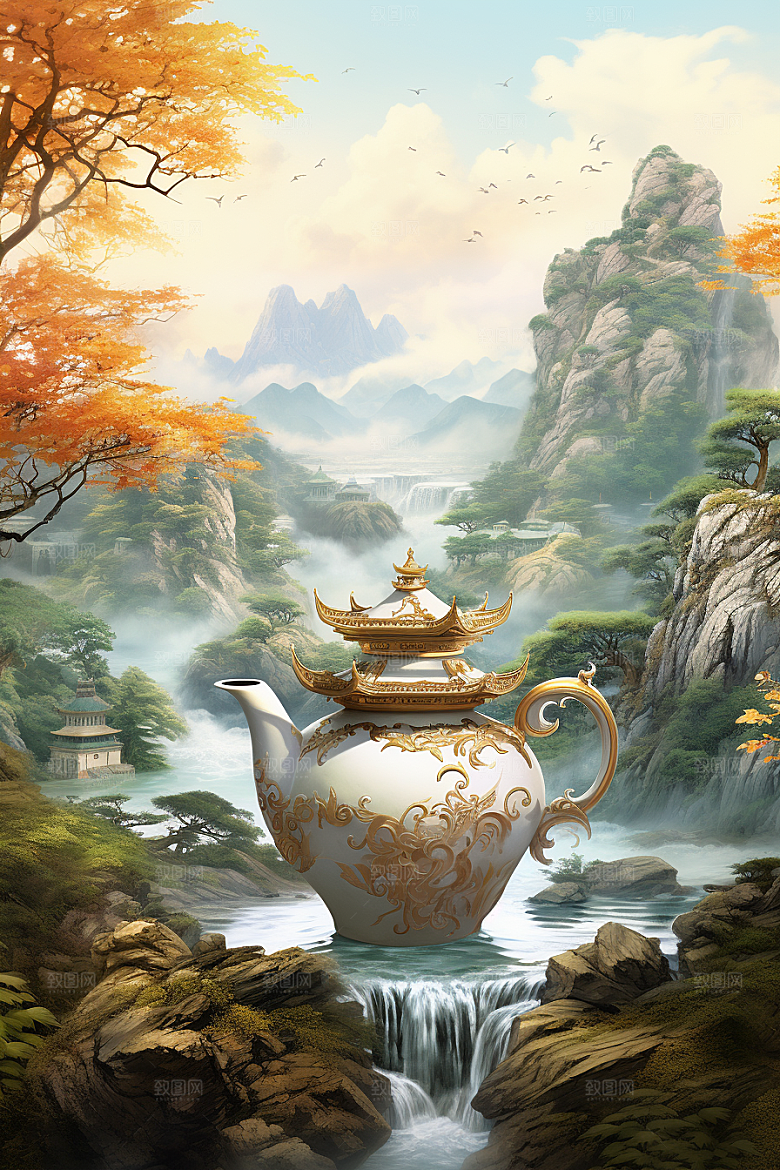 茶壶山水手绘水墨插画