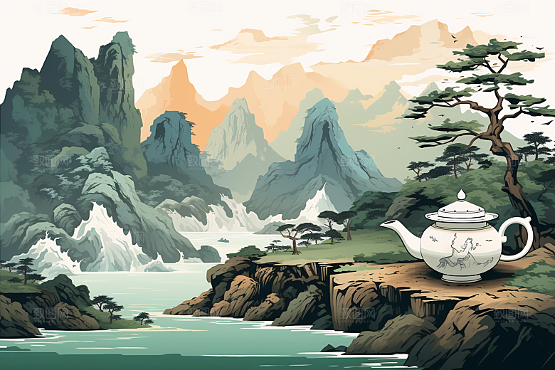 茶壶山水水墨国画插画