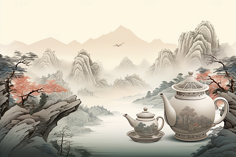 茶壶山水风景手绘插画