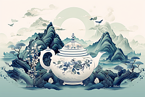茶壶山水写实艺术水墨插画