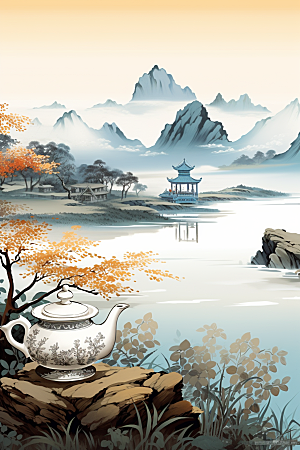 茶壶山水水墨风景插画