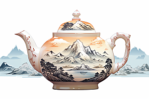茶壶山水写实艺术风景插画