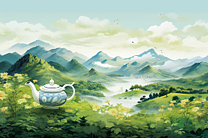 茶壶山水中国风风景插画