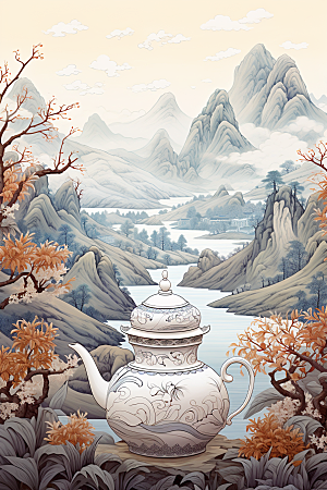 茶壶山水国画风景插画