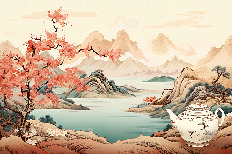 茶壶山水风景写实艺术插画