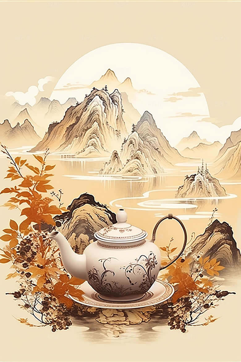 茶壶山水中国风风景插画