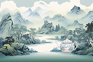茶壶山水风景手绘插画