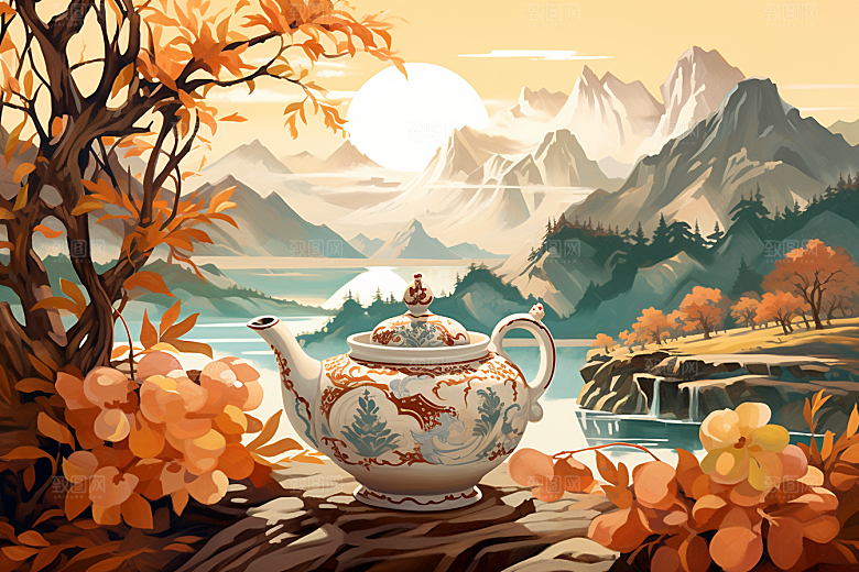 茶壶山水水墨手绘插画